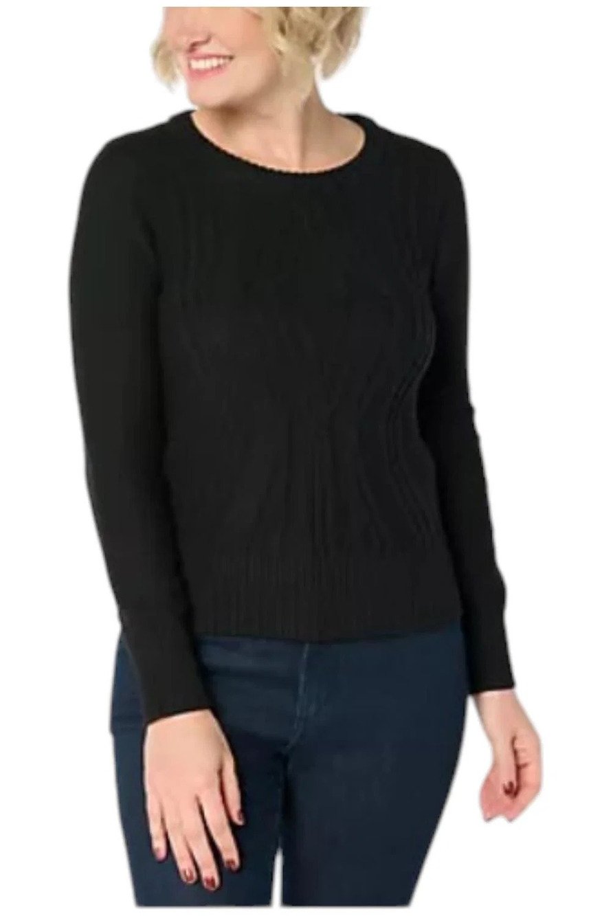 Attitudes by Renee Women's Crew Neck Cable Sweater Black - Regular